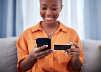 Image showing Online shopping, phone or happy black woman with credit card on payment on internet website or fintech. Smile, finance blur or excited African girl typing in money transfer via digital mobile banking