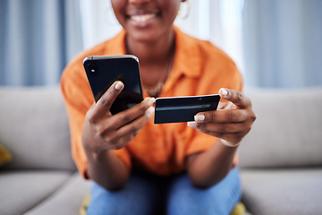 Image showing Hands, ecommerce or happy woman with credit card or phone on payment on internet website or fintech. Online shopping, finance blur or excited girl typing in money transfer via mobile banking at home