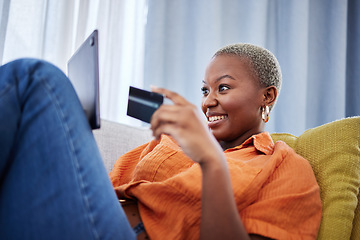 Image showing Credit card, excited or black woman with tablet for payment on ecommerce website for investment at home. Happy, financial or African girl customer online shopping with money on internet or fintech