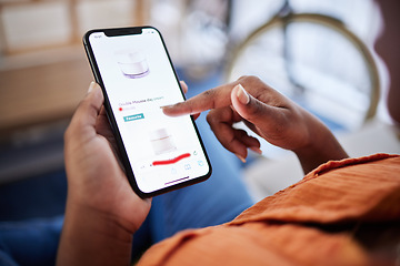 Image showing Phone, beauty ecommerce or hands of woman on homepage display for online shopping. Dermatology cosmetics, house or girl on website to search for cream or skincare cosmetics on mobile app ux screen