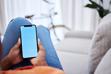 Image showing Phone, mockup or hands of woman with green screen for ui design, homepage display or cellular technology. Space, house or girl with cellphone for social media or online communication on mobile app