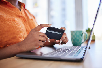 Image showing Hands, laptop or woman with credit card in home for ecommerce sale on digital fintech website. Finance, payment discount closeup or girl online shopping or banking on internet typing financial data