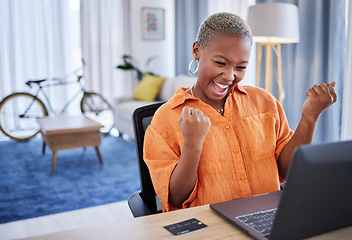 Image showing Credit card, laptop or excited black woman winning with success, goal or discount bonus online in home office. Happy trader trading or cheering for banking prize, goal target or good news in finance