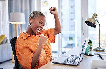 Image showing Businesswoman, laptop or winner with fist pump for winning, success or promotion bonus in home office. Happy black woman trader trading or cheering with prize, goal target or good news in remote work
