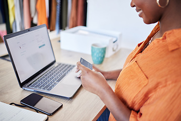 Image showing Office, laptop or black woman online shopping with credit card for financial payment on discount. Screen, purchase or happy designer typing banking info on app or fintech website for digital order