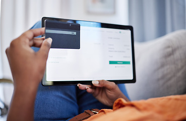 Image showing Credit card, tablet or hands of woman typing info payment on ecommerce website for investment at home. Girl, online shopping screen or financial trader trading with digital money on internet fintech