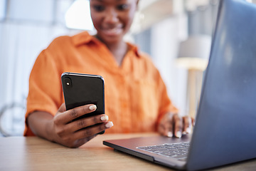 Image showing Phone, laptop or happy black woman on social media networking, chatting or texting a message. Business news, surf web or editor typing, copywriting or checking email online on digital mobile app