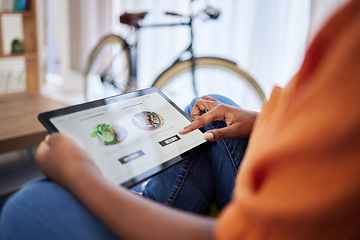 Image showing Food, order screen or hands with tablet for meal delivery, payment or online menu on website at home. Ecommerce user, decision or woman scroll on smartphone app for lunch, dinner and supper choice