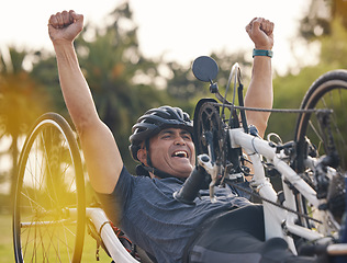 Image showing Winner, athlete and a man with a disability and bike for handicap for race, fitness and recumbent challenge. Exercise, achievement and a handbike of paraplegic sports person at competition for cardio