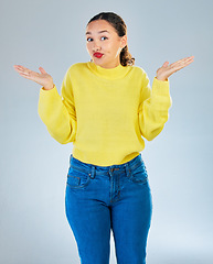 Image showing Portrait, confused woman and shrug in studio, white background or question of choice, emoji or puzzled reaction. Female model, body language and dont know why in doubt, uncertainty or forgot decision