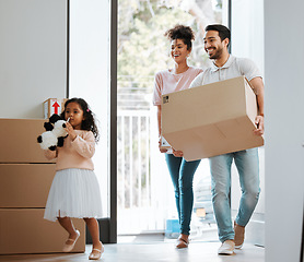 Image showing Father, mother and daughter with box in new home, happy or excited together for moving, beginning or goal. Mom, dad and kid with package, smile or start life in property, real estate or family house