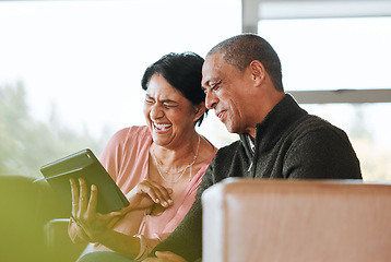 Image showing Relax, funny and search with old couple and tablet on sofa for communication, social media or networking. Technology, contact and online with senior man and woman in living room at home for laugh