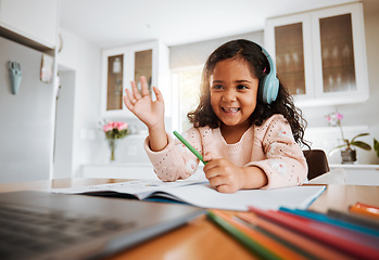 Image showing Happy little girl, laptop and elearning for education, knowledge or literature in virtual classroom at home. Female person, child or kid with smile and waving for online lesson on computer in house