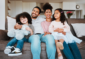 Image showing Mother, father and kids on sofa, watching tv and happy family bonding together in living room. Smile, happiness and parents relax with kids on couch, streaming television show subscription or movies.