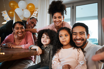 Image showing Selfie of grandparents, parents and children at birthday in living room for party, celebration and social event. Family, love and portrait of mom, dad and kids in home with hats, balloon and smile