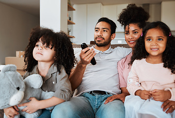 Image showing Mother, father and children on sofa, watching tv and happy family bonding together in living room. Home, happiness and parents relax with kids on couch, streaming television subscription or movies.