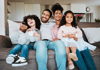 Image showing Mom, dad and children on sofa, watching tv and happy family bonding together in living room. Smile, happiness and parents relax with kids on couch, streaming television show subscription or movies.