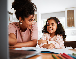 Image showing Laptop, education and homework with mother and daughter for online classes, elearning or virtual. Digital, school and website with woman and young girl in family home for studying, technology or help