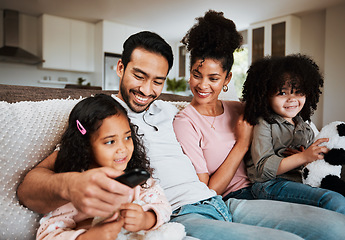 Image showing Mom, dad and happy kids on couch, watching tv and family bonding together in living room. Smile, happiness and parents relax with children on sofa, streaming television show subscription or movies.