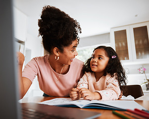 Image showing Laptop, mother and daughter with book, homework and happy, elearning and study at desk. Kid, mama and education with computer, notebook and teaching for development, notes and happy in family home