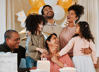 Image showing Birthday, party and happy family with cake for grandmother in living room for fun, celebration and social event. Smile, surprise and grandparents, parents and kids with dessert, snacks and presents