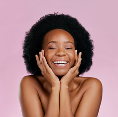 Image showing Smile, beauty and black woman with skincare, natural and wellness against a pink studio background. Female person, model or girl with happiness, dermatology and cosmetics with joy, grooming or makeup