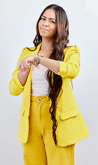 Image showing Portrait, studio and woman with watch, late and annoyed business planner with schedule on white background. Frustrated businesswoman checking appointment, wristwatch and problem with time management.