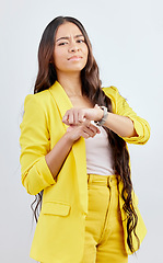Image showing Portrait, studio and businesswoman with watch, late and annoyed business planner with schedule on white background. Frustrated woman checking appointment, wristwatch and problem with time management.