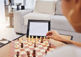 Image showing Video call, chess and woman with tablet, mockup and screen in gaming connection in living room. Thinking, internet and chessboard, virtual strategy board game and African girl problem solving in home