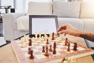 Image showing Video call, chess and woman in home with tablet, mockup and screen for gaming connection in lounge. Thinking, internet and chessboard, virtual strategy board game and African girl problem solving.