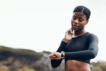Image showing Woman, neck and heart rate for fitness, pulse and mockup space for outdoor running. Sports runner, black female athlete or check smart watch for healthy progress, exercise or monitor wellness of time
