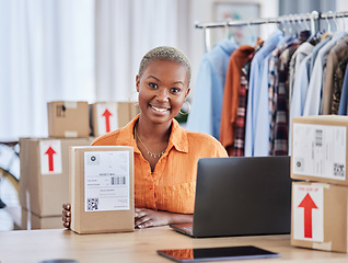 Image showing Black woman, portrait and box of fashion designer in small business logistics or service at boutique. Happy creative African female person smile with boxes in courier startup or retail clothing store