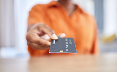 Image showing Woman, hands and credit card for payment, banking or transaction to buy, purchase or account at shop. Hand of female person or customer giving debit, bank or loyalty shopping in ecommerce at checkout