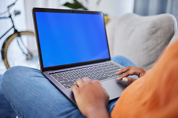 Image showing Woman, hands and laptop with mockup screen for communication, research or advertising at home. Hand of female person on computer display or chromakey for online browsing on living room sofa in house