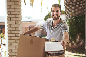 Image showing Delivery man, package and documents for home courier, product supplier and contract signature or happy services. Portrait of logistics worker offer, giving paper and clipboard or checklist with box