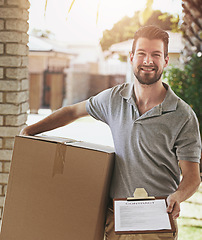 Image showing Delivery man, box and documents at front door for home courier, contract signature or transport services. Portrait of logistics worker and package for e commerce, checklist or clipboard for agreement