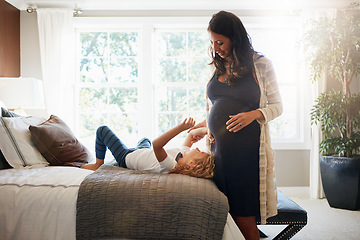 Image showing Happy family bedroom, pregnant woman and kid touch stomach, abdomen or belly for baby care, development or maternity. Mother, young girl and child check life growth, pregnancy or movement on home bed