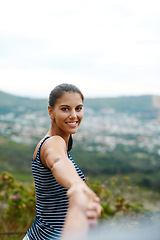 Image showing Couple pov, portrait or holding hands in nature on outdoor date for love with support or loyalty. Mockup space, affection or happy woman on holiday vacation in park together to relax or travel in USA