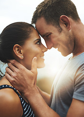 Image showing Forehead, smile or happy couple on outdoor date with loyalty for commitment, care or love in nature. Eye contact, trust or romantic man with woman hug on holiday vacation for bond, support or respect