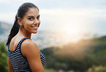 Image showing Portrait, space or happy woman in park, outdoor and hiking with confidence, good mood or freedom. Face, Indian lady or female person in summer, natural environment or nature mockup to smile or relax