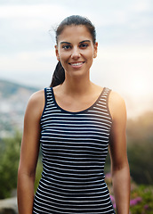 Image showing Portrait, smile or happy woman in park, outdoor or nature with confidence, good mood or freedom. Holiday travel, Indian lady or face of female person in summer, garden or natural environment to relax