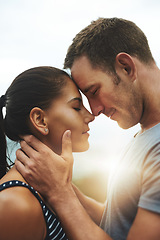 Image showing Forehead, love or happy couple on outdoor date with loyalty for trust, care or flare in nature. Eyes closed, sunshine or romantic man with woman hug on holiday vacation for bond, support or peace