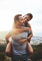 Image showing Love, piggyback or happy couple hiking in nature on outdoor date for care with support, loyalty or trust. Romantic man, wellness or woman on holiday vacation together to relax or smile in park