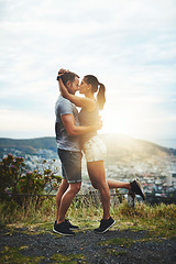 Image showing Kiss, mockup or happy couple hug in nature on outdoor date for love with support, loyalty or freedom. Romantic man, affection space or woman on holiday vacation together to relax or travel in USA