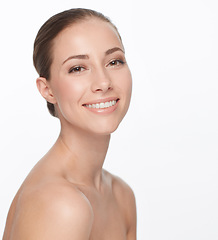 Image showing Woman, portrait and skincare in studio for beauty cosmetic, smooth skin or glow smile. Female person model, natural happy and facial cleaning wellness results, shine for hydration on white background