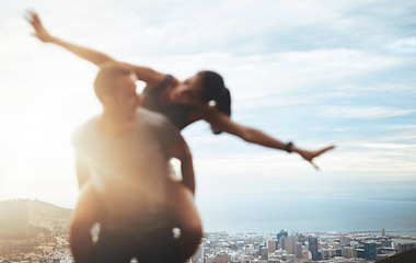 Image showing Space, piggyback or happy couple hiking on outdoor date for care with support, loyalty or freedom. Romantic man, sky mockup blur or woman on holiday vacation together to relax for wellness in city