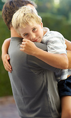 Image showing Portrait of dad hugging kid in backyard, support and bonding together in comfort, care and love. Smile, father and face of child in garden with happy relationship, trust for man and boy or family