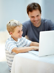 Image showing Education, homeschool and laptop, happy man and child in backyard study, teaching and elearning. Online school, dad and kindergarten boy at table with computer, smile and website for virtual class.