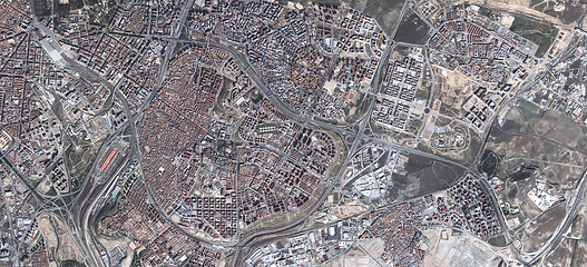 Image showing Aerial, state map and satellite view of landscape, nature and city outdoor with town pattern. Land, urban and above with houses, neighborhood and roads with commercial development from top terrain