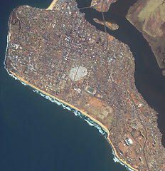 Image showing Sea, buildings and top view of earth map with nature, water and residential landscapes. Globe, land and aerial of ocean with field and houses from aerospace satellite for environment development.